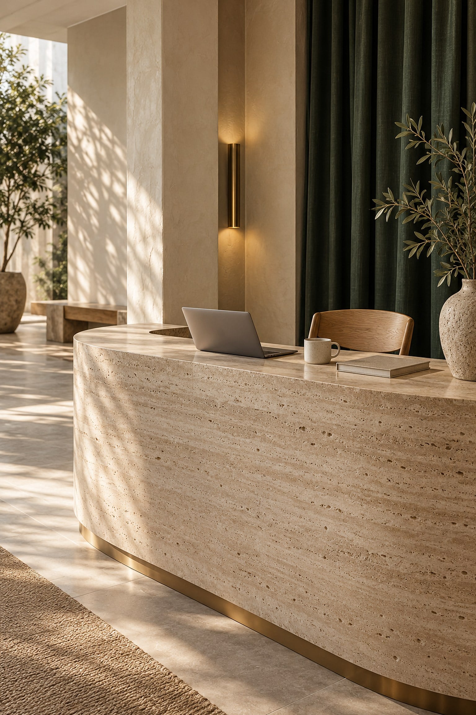 Mostrador de travertino en la recepción, con luz natural